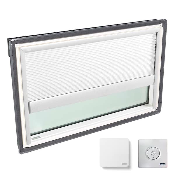VELUX 44-1/4 in. x 26-7/8 in. Fixed Deck-Mount Skylight with Laminated Low-E3 Glass, White Solar Powered Light Filtering Blind