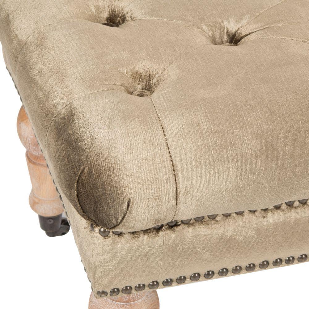 Transitional Tufted Antique Sage Bench with Brass Nail Heads and Oak Legs