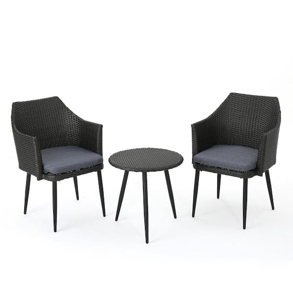 Unbranded 3-Piece Grey PE Rattan Wicker Round Table Outdoor Bistro Set with Blue Cushions