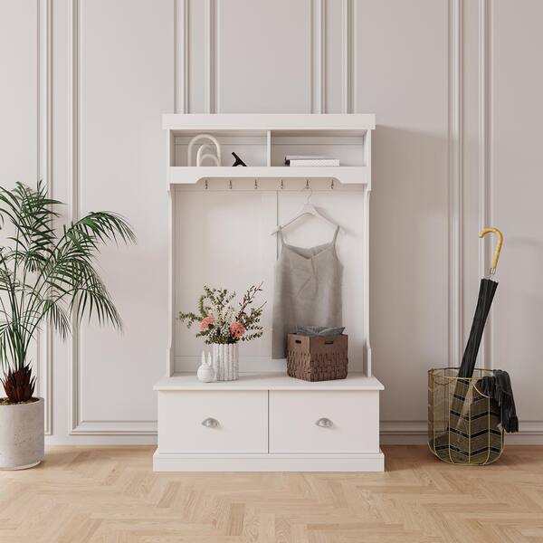 Classic White Wood 3-in-1 Hall Tree Coat Rack Storage Bench with 6