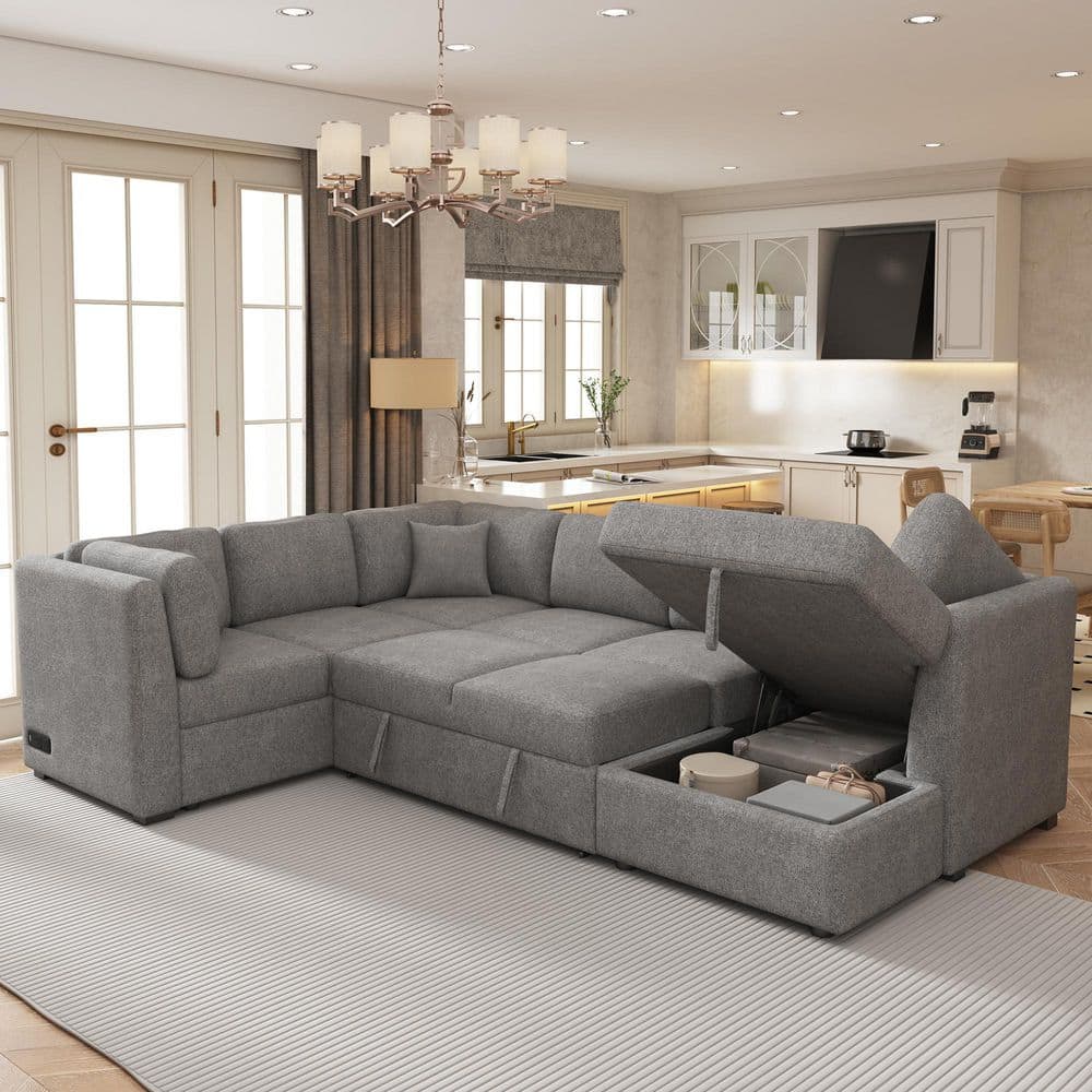 Horizon 108.6 in. Chenille Sectional Sofa in Light Grey with Pull-out Sofa Bed, Storage Chaise, USB Ports, Power Sockets