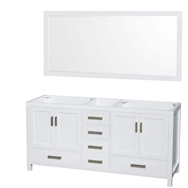 Wyndham Collection Sheffield 70.75 in. W x 21.5 in. D x 34.25 in. H Double Bath Vanity Cabinet without Top in White with 70" Mirror