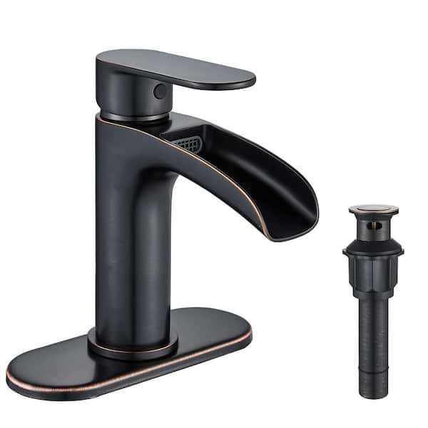 androme Waterfall Single Hole Single Handle Mid-Arc Bathroom Faucet with Deckplate, Pop Up Drain Assembly in Oil Rubbed Bronze