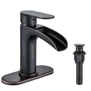 Waterfall Single Hole Single Handle Mid-Arc Bathroom Faucet with Deckplate, Pop Up Drain Assembly in Oil Rubbed Bronze