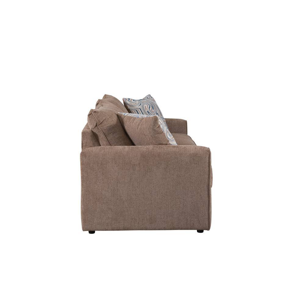 Latte Brown Chenille Sofa with Swirl Accent Pillows