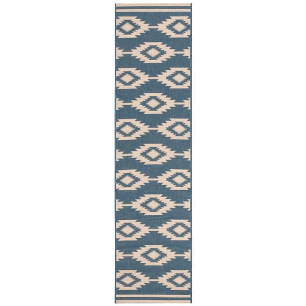 SAFAVIEH Beach House Cream/Blue 2 ft. x 10 ft. Southwestern Aztec Indoor/Outdoor Patio  Runner Rug