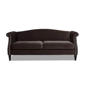 Elaine 77 in. Rolled Arm Performance Velvet Camel Back Nail Head Accents Sofa in Deep Brown