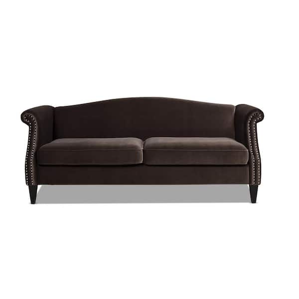 Jennifer Taylor Elaine 77 in. Rolled Arm Performance Velvet Camel Back Nail Head Accents Sofa in Deep Brown