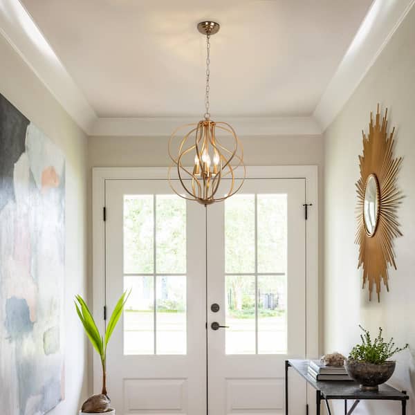 Frankfort 4-Light Brass Unique Geometric Cage Chandelier Wrought Iron Accents