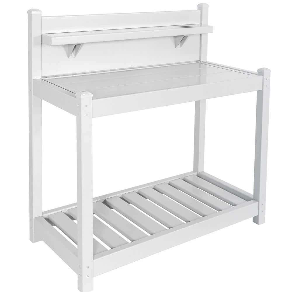White Vinyl Outdoor Potting Bench with Lower Storage Shelf