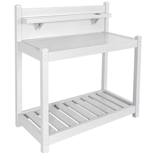 EAGLE PEAK Outdoor Indoor Vinyl Potting Bench Table, Gardening Work Station with Open Shelf, Lower Storage, White