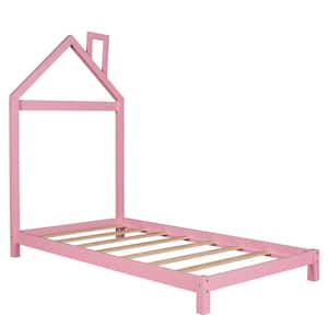 Kids Pink Twin Size Wood Platform Bed with House Shaped Headboard