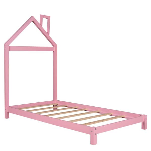 Angel Sar Kids Pink Twin Size Wood Platform Bed with House Shaped Headboard