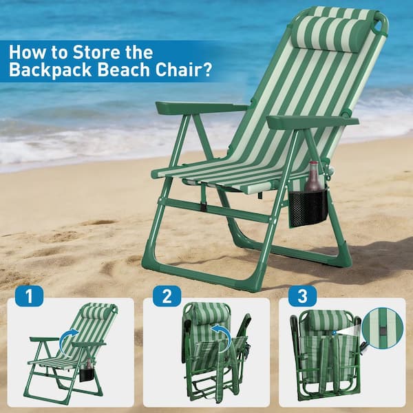 SUKLOM Folding Beach Chair Cup Holder, High-Back Recliner, 350 lbs