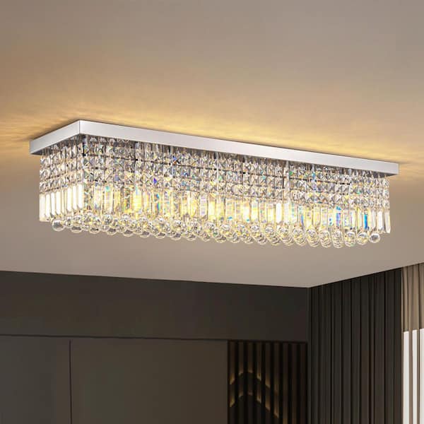 40 in. Modern 8-Lights Rectangle Crystal Chandelier with K9 Crystal Flush Mount Ceiling Lights Fixture