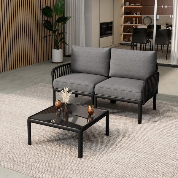 CHRISTOPHER KNIGHT HOME Rose Modern 3-Piece Outdoor Plastic Patio Conversation Sets with Gray Cushions, Black