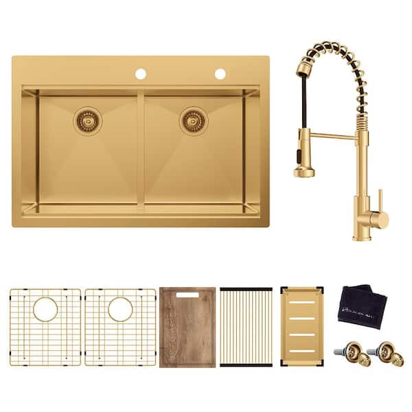 33 in. Drop-In Double Bowl 18-Gauge Gold Stainless Steel Workstation Kitchen Sink with Spring Neck Faucet