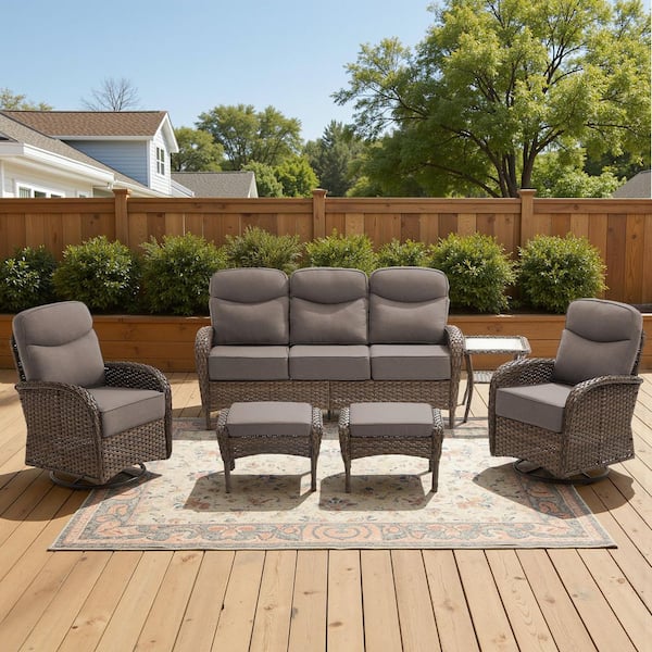 High Crescent 6-Piece Brown Wicker Patio Conversation Set with Gray Cushions