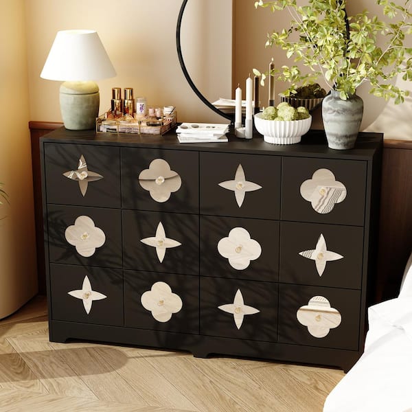 FUFU&GAGA Black 6-Drawers 47.2 in. Width Chest of Drawers, Dresser, Side Storage Organizer with Flower and Star Shape Mirrors