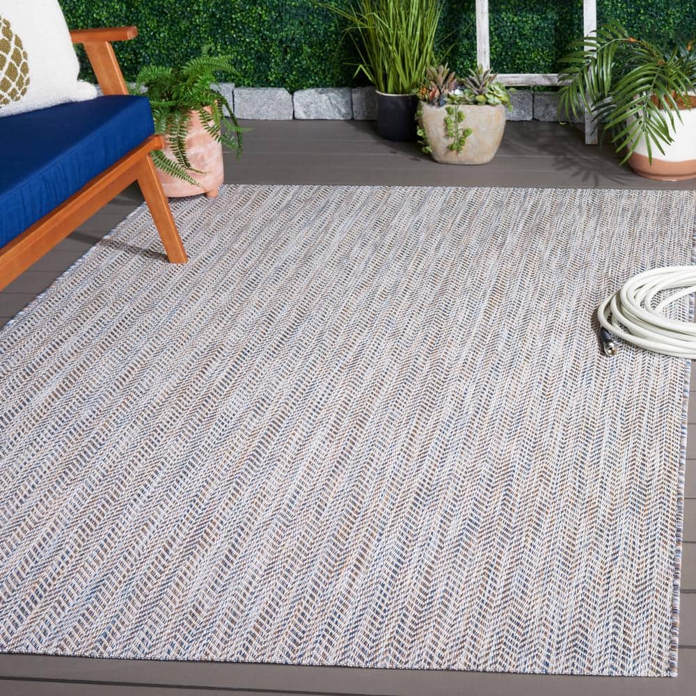 Ivory Blue and Beige Chevron Indoor Outdoor Area Rug