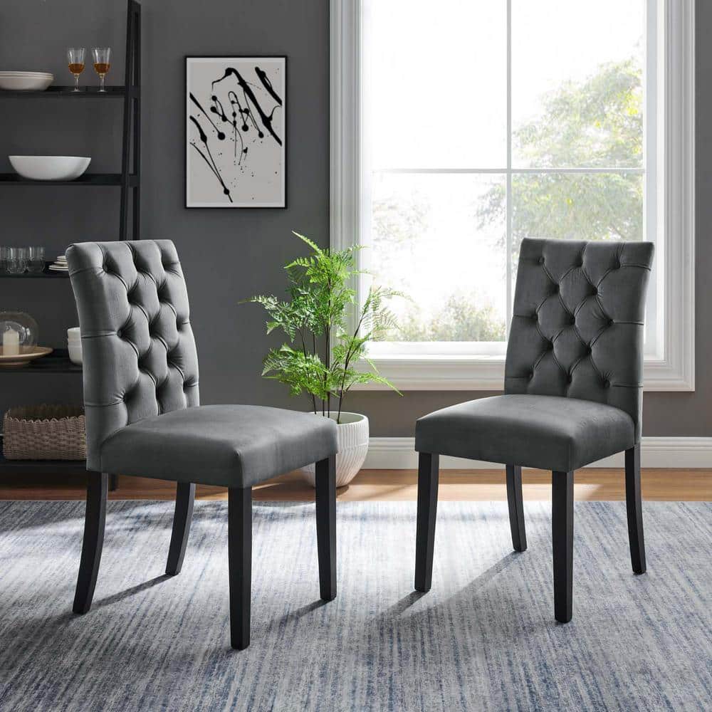 Gray Velvet Upholstered Side Chair with Wood Legs