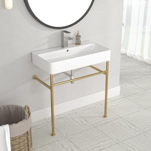 32 in. Ceramic Console Sink White Single Basin with Gold Legs and Overflow
