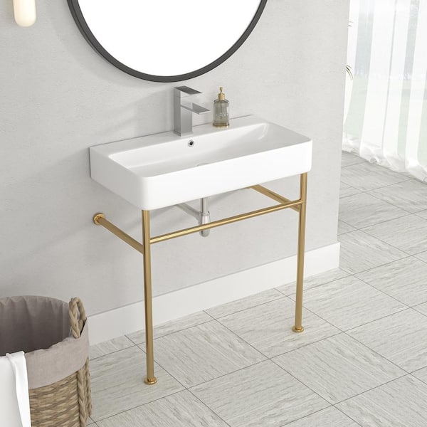 Logmey 32 in. Ceramic Console Sink White Single Basin with Gold Legs and Overflow