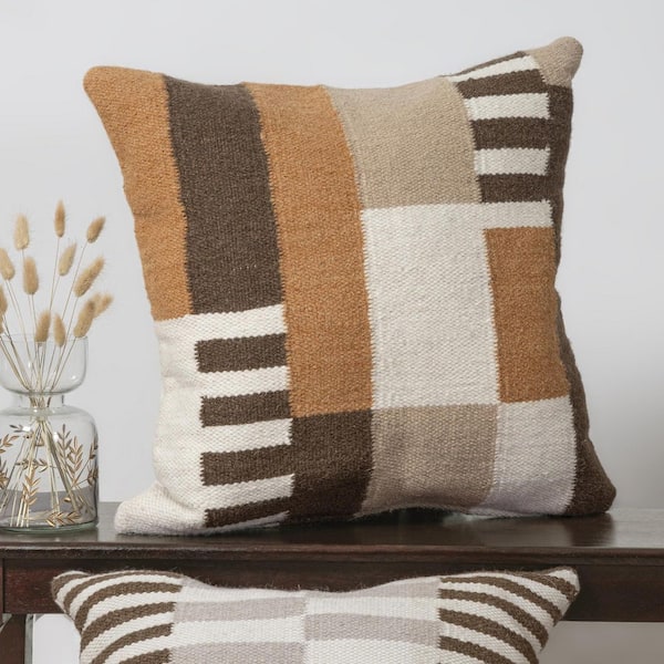 Bella Modern Geometric Wool Blend Throw Pillow, Brown/Multi, 24 in. x 24 in., Polyfill Insert