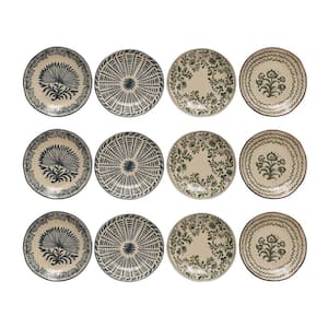 Cream with 4-Various Pattern Prints Round Stoneware Dinner Plates (Set of 12)