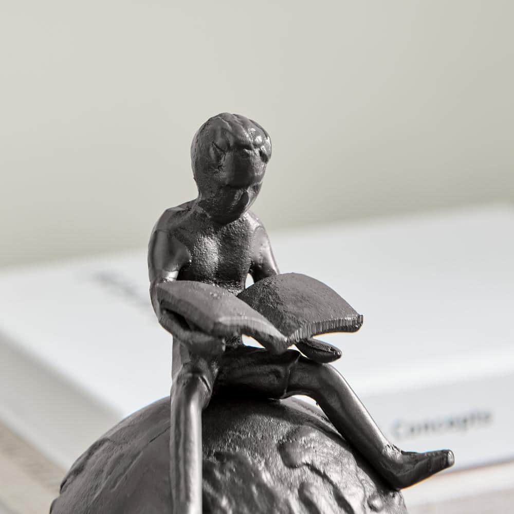 Bronze Cast Iron Boy Reading on Globe Tabletop Sculpture