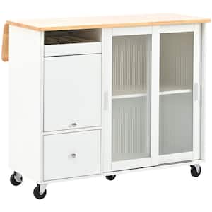 44.03 in. W x 26.97 in. D White Wood Kitchen Cart with Drawers; Locking Casters; Shelf; Spice Rack; Wheels; Drop Leaf