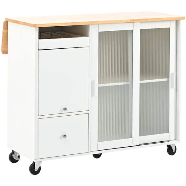 ANTFURN 44.03 in. W x 26.97 in. D White Wood Kitchen Cart with Drawers; Locking Casters; Shelf; Spice Rack; Wheels; Drop Leaf