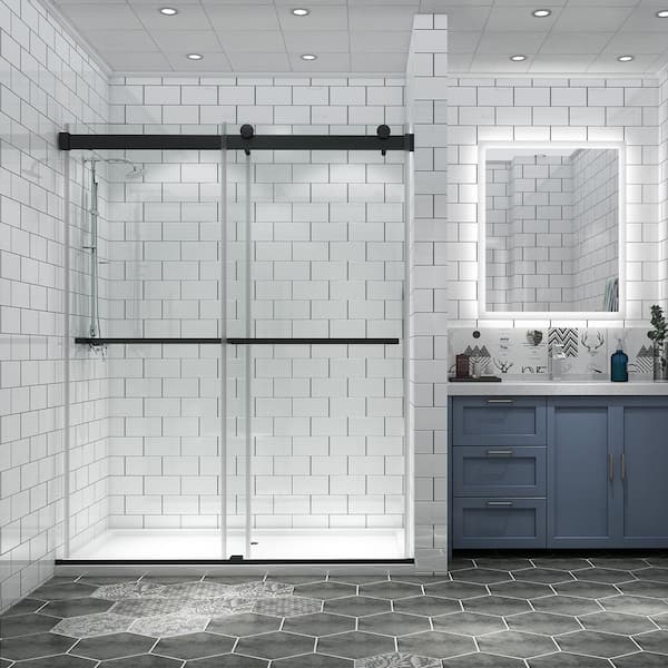 60 in. W x 74 in. H Sliding Frameless Shower Door in Matte Black with 8 mm Clear Glass