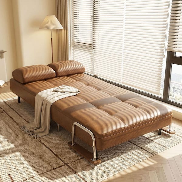 Modern Convertible Faux Leather Sleeper Chair, Fold-Out Accent Chair Bed with Wood Armrests Brown