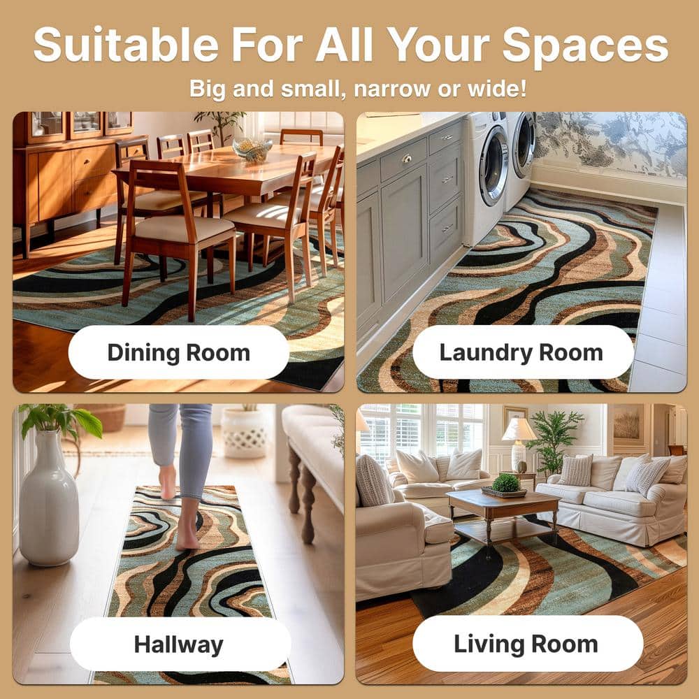 Modern Geometric Blue and Beige Rectangular Area Rug