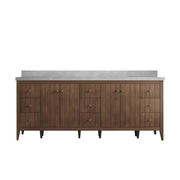 Willow Collections Atlanta Teak 84 in. W x 22 in. D x 36 in. H Double Sink Bath Vanity in Dark Natural with 2 in. Pearl Gray qt. Top