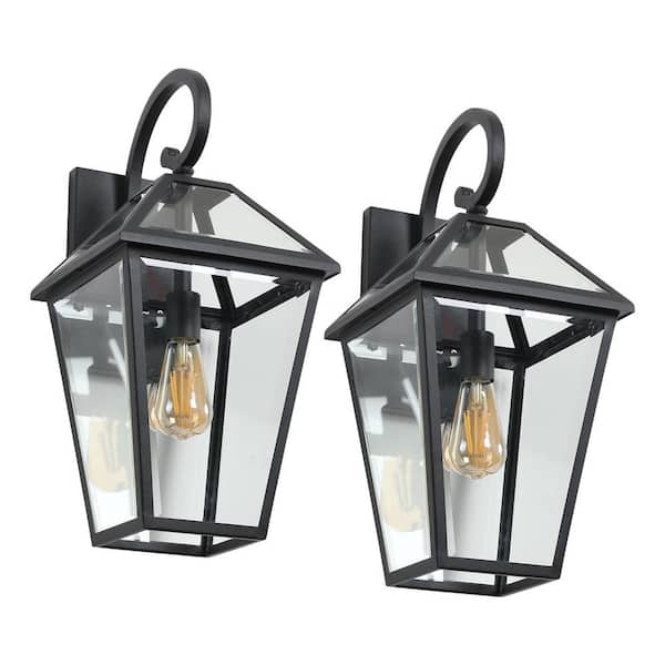 21 in. Black Outdoor Wall Lantern Sconce with No Bulbs Included Clear Glass Shade Outdoor Wall Sconce (Set of 2)