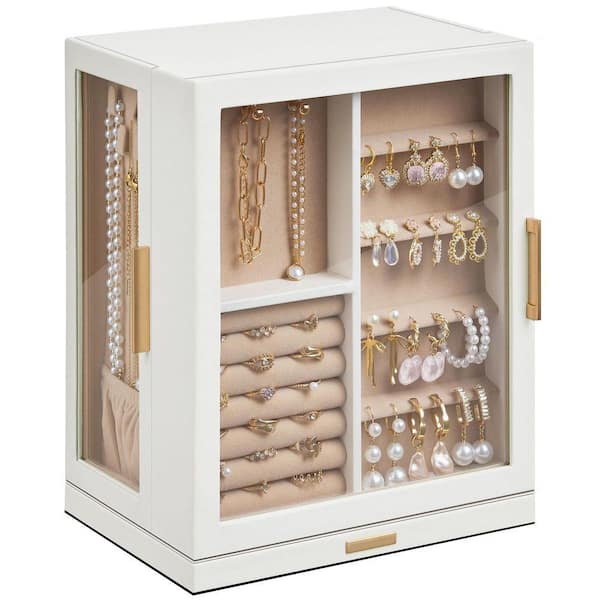 6.2 x 11.4 in. White PU Leather 360° Rotating Jewelry Box with
