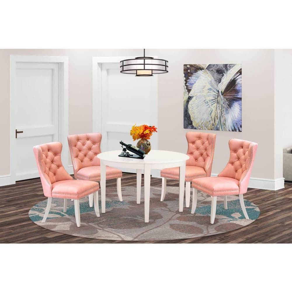 5-Piece Linen White Solid Wood Top - Round Upholstered Dining Room Set - Seats-4