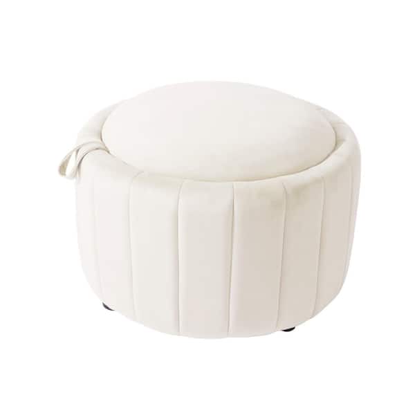 Uixe Modern Beige Velvet Round Accent Storage Ottoman (Set-1)