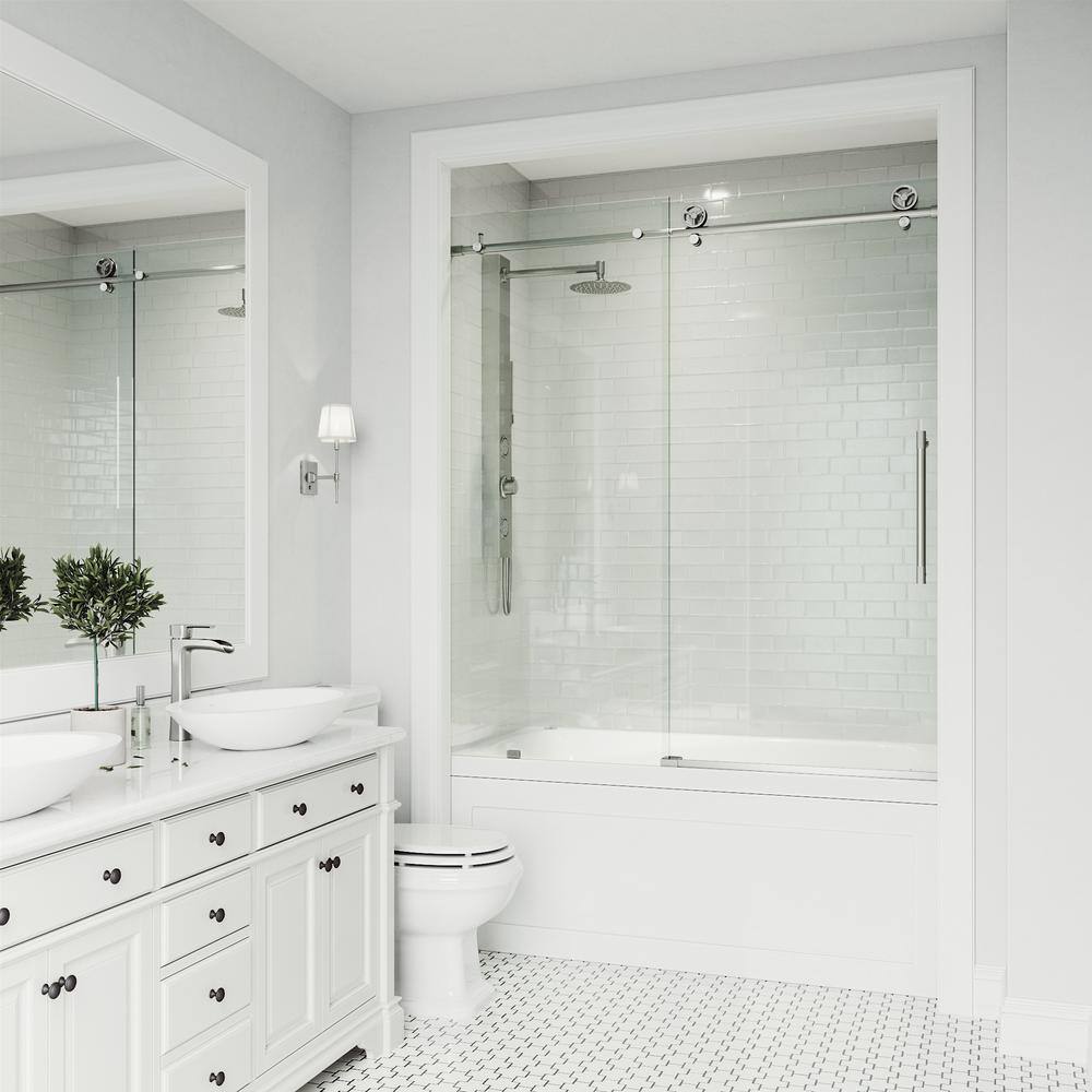 Elan Frameless Sliding Tub Door with Clear Glass and Stainless Steel