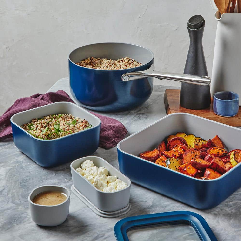 Caraway Home 17pc Food Storage Set Navy: Ceramic-Coated Glass Containers, Oven & Microwave Safe, 1 Year Warranty