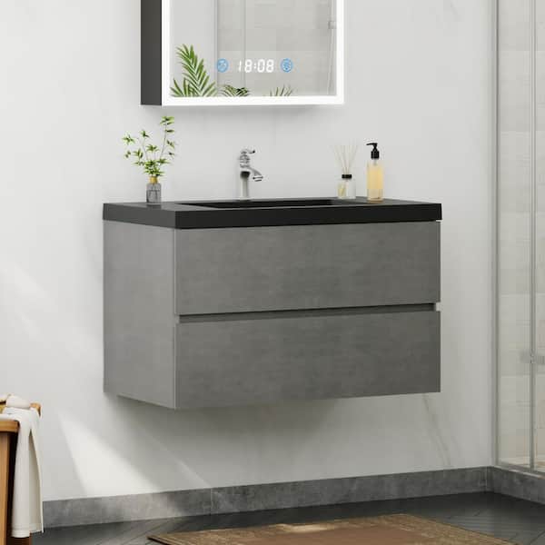 FAMYYT 36 in. W Minimalist Floating Bath Vanity in Gray with Matte Black Composite Quartz Sand Top