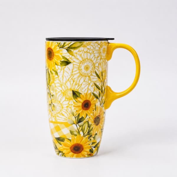 17 oz Sunflower Art Porcelain Ceramic Tall Travel Coffee Mug with Silicone Lid and Handle, Gift Box