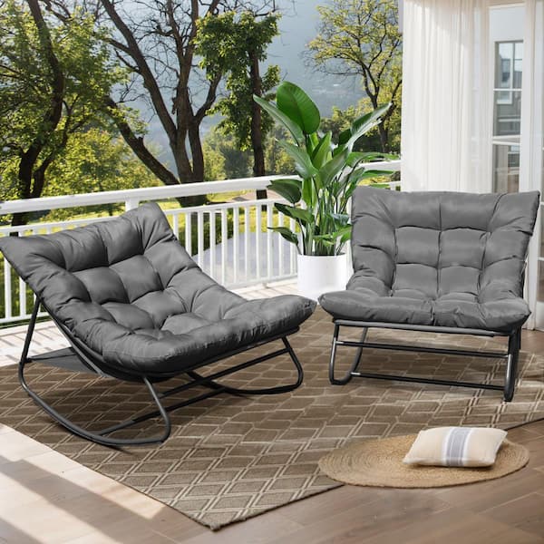 Residential Grey Metal Outdoor Rocking Chair with Grey Cushion (Set of 2)