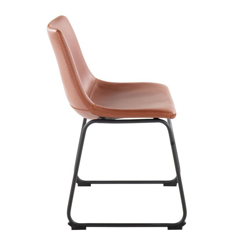 Cognac Faux Leather Upholstered Side Chair with Metal Legs, Set of 2