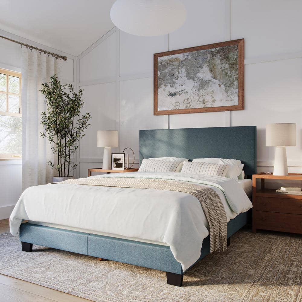 Celeste Blue Upholstered Queen Bed Frame with Padded Headboard