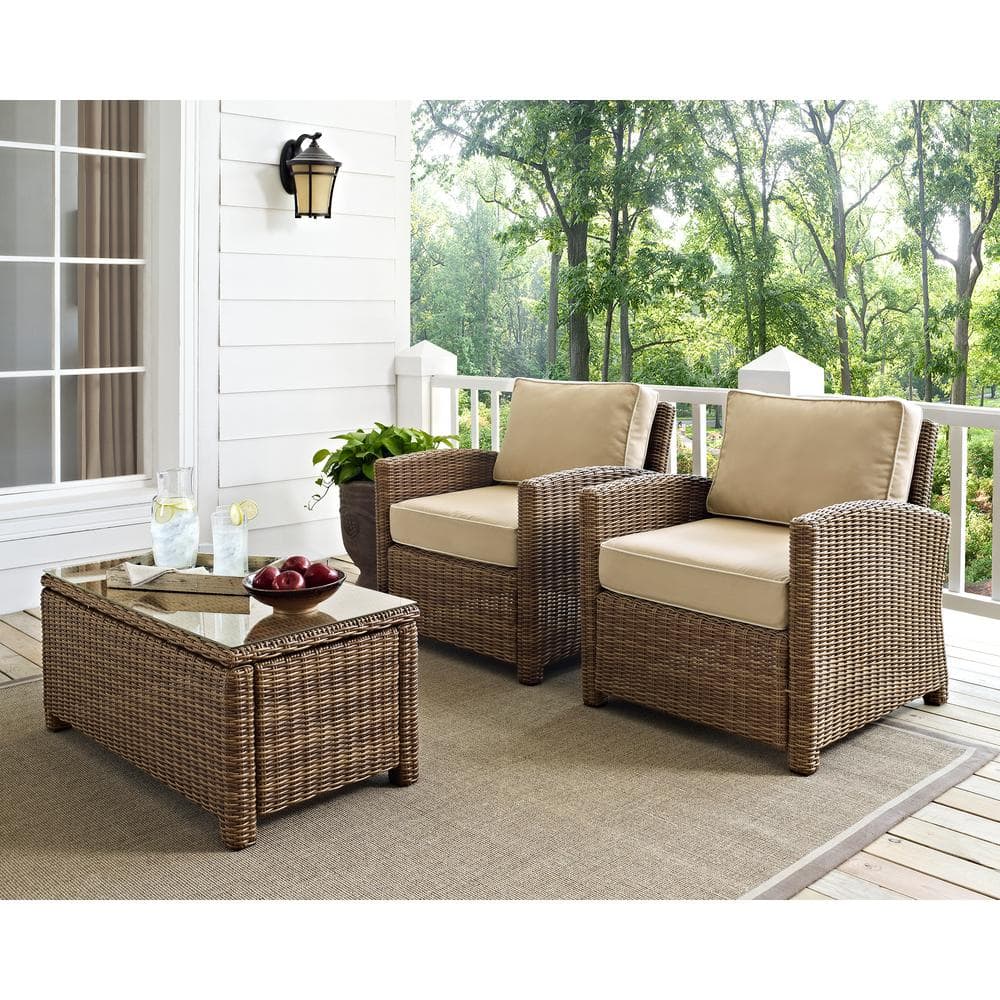 Bradenton Weathered Brown Outdoor Wicker Armchair Set with Sand Cushions