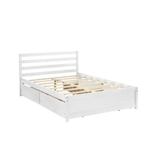 57 in. W White Pine Wood Frame Full Platform Bed Frame with Headboard, Wood Slats and 4 Drawers for Adults and Kids