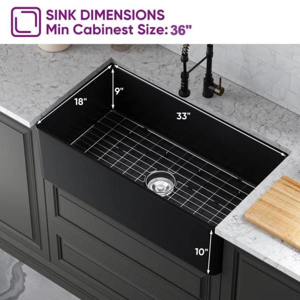 Matte Black Fireclay Farmhouse Kitchen Sink with Grid and Strainer